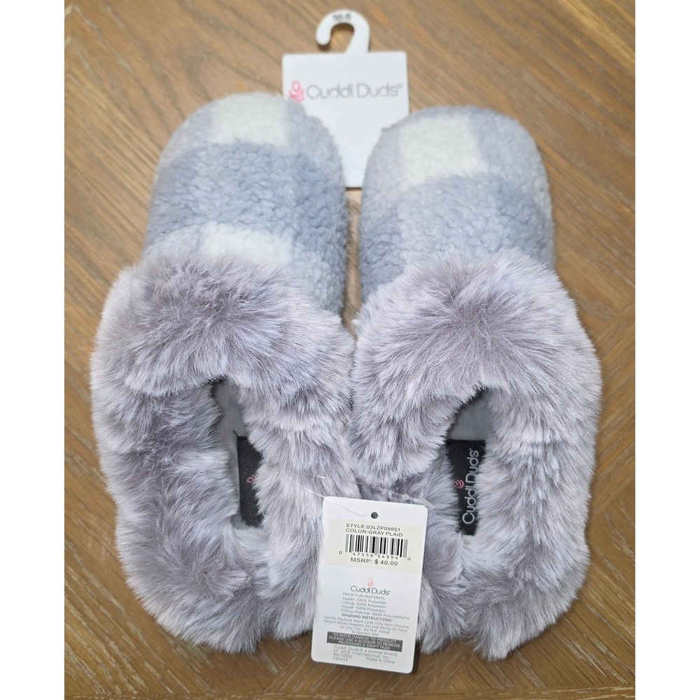 Cuddl Duds Womens Gray Plaid Faux Fur Sherpa Scuff Slippers 03LZP09951 S 5-6 NWT